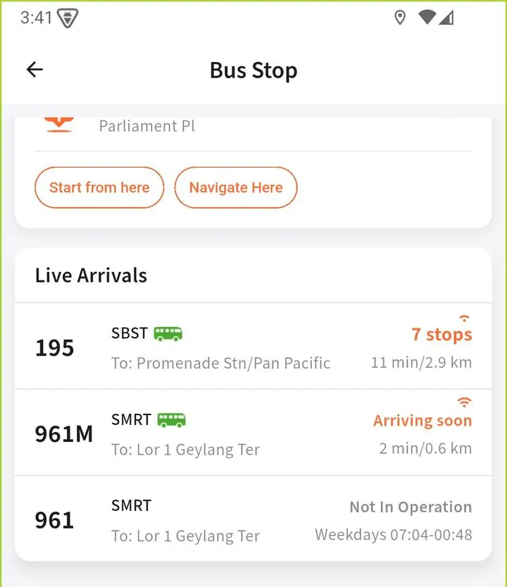 Singapore bus stop detail — every serving bus route with the next arrivals