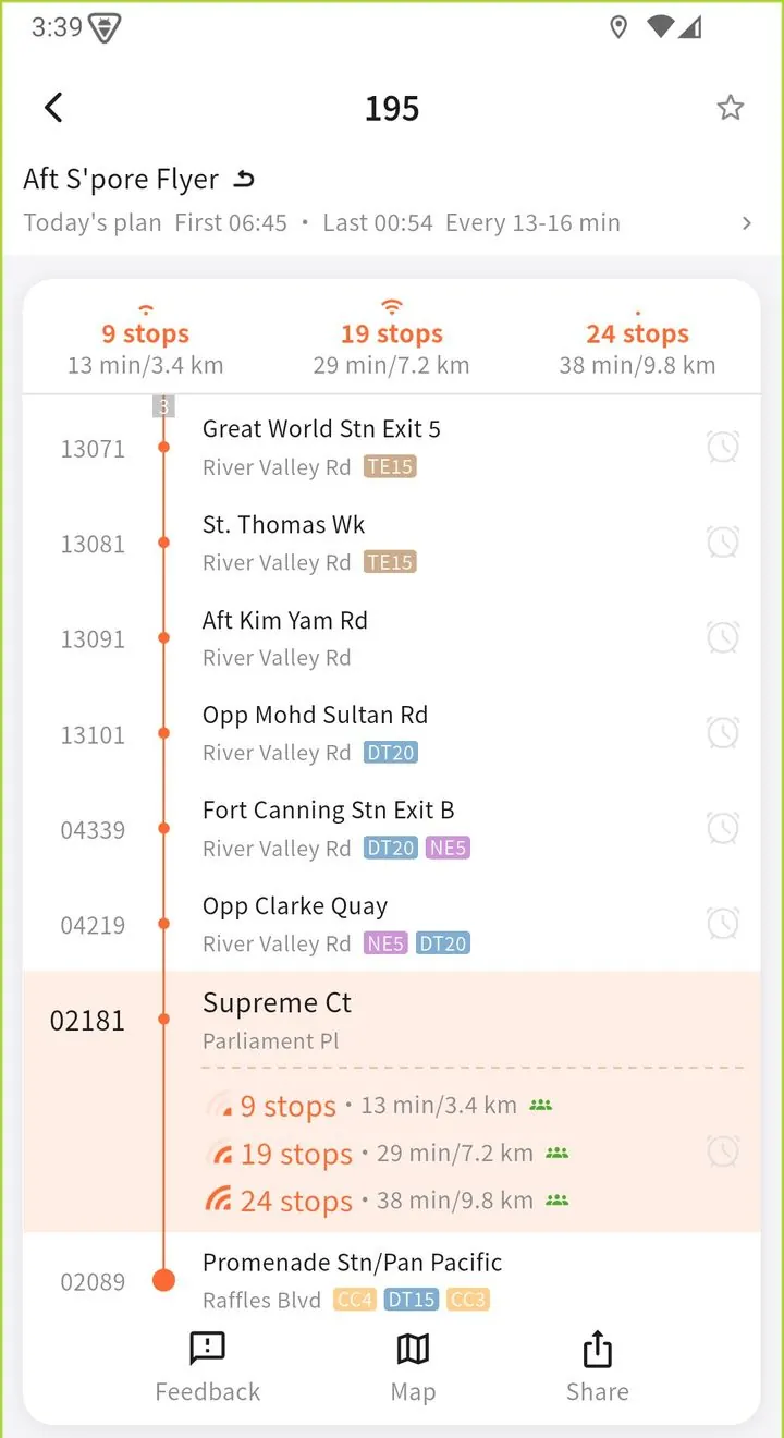 Singapore bus route timeline — stops in order with the live bus position